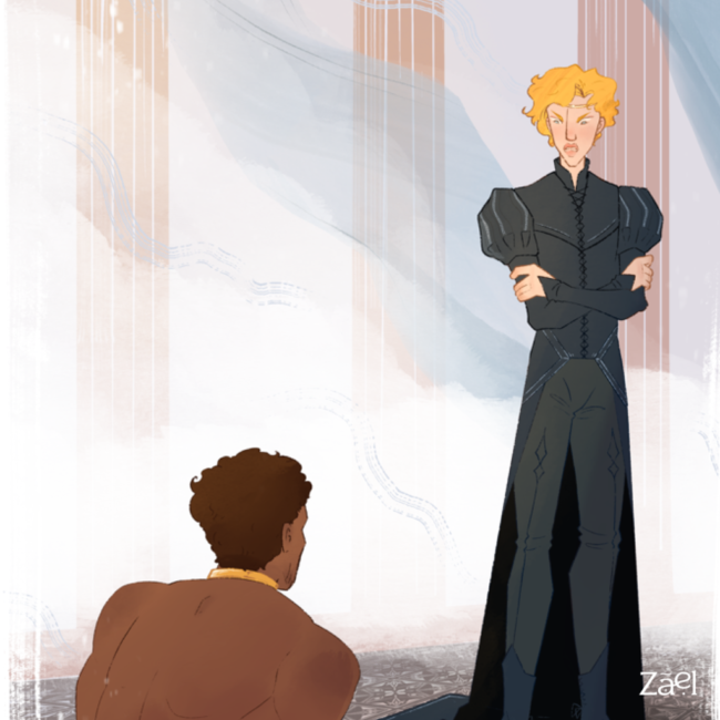 Illustration de la rencontre entre Damen et Laurent, deux personnages de la trilogie Prince captif de C. S. Pacat