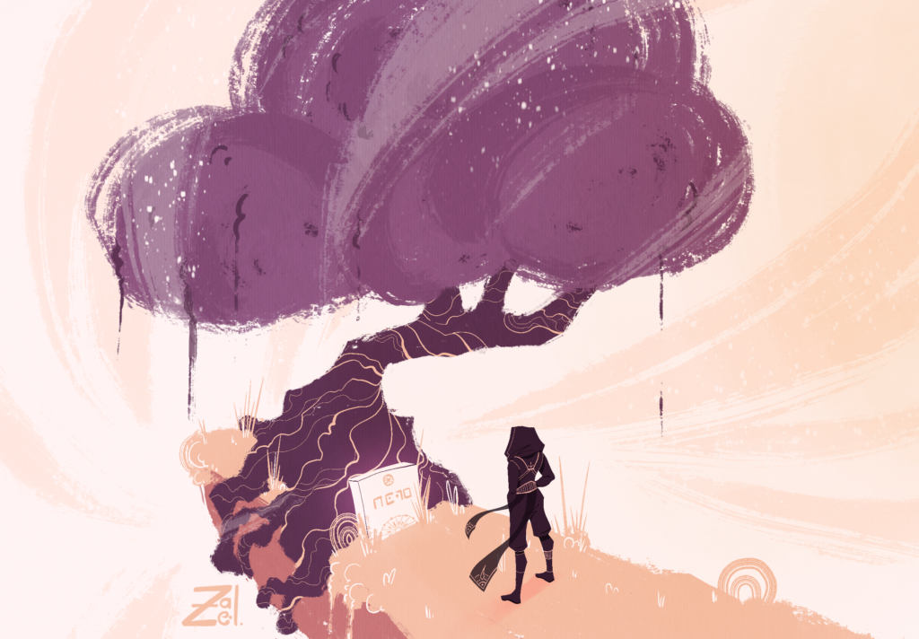 Scène illustrée représentant un personnage se recueillant devant une tombe à l'ombre d'un arbre