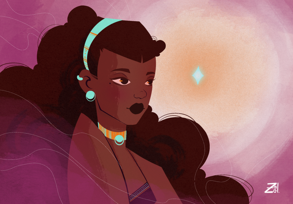 Illustration d'un personnage féminin regardant une étincelle remplit de magie
