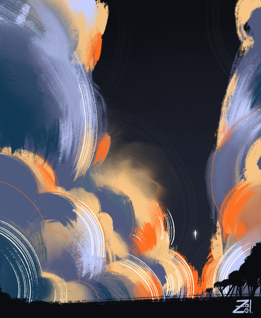 Illustration d'une silhouette entre deux masses nuageuses