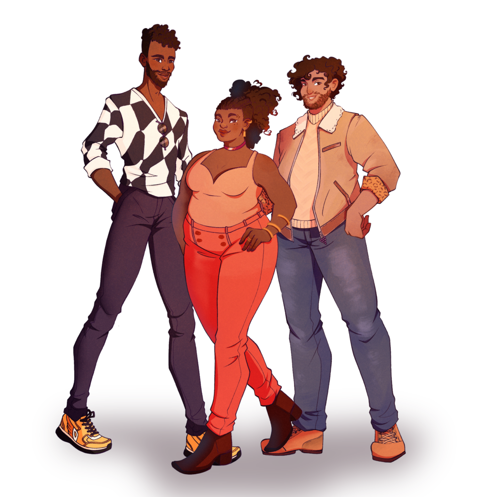 3 personnages posant, un grand homme noir athlétique, une femme noire curvy et un chaleureux bouclé