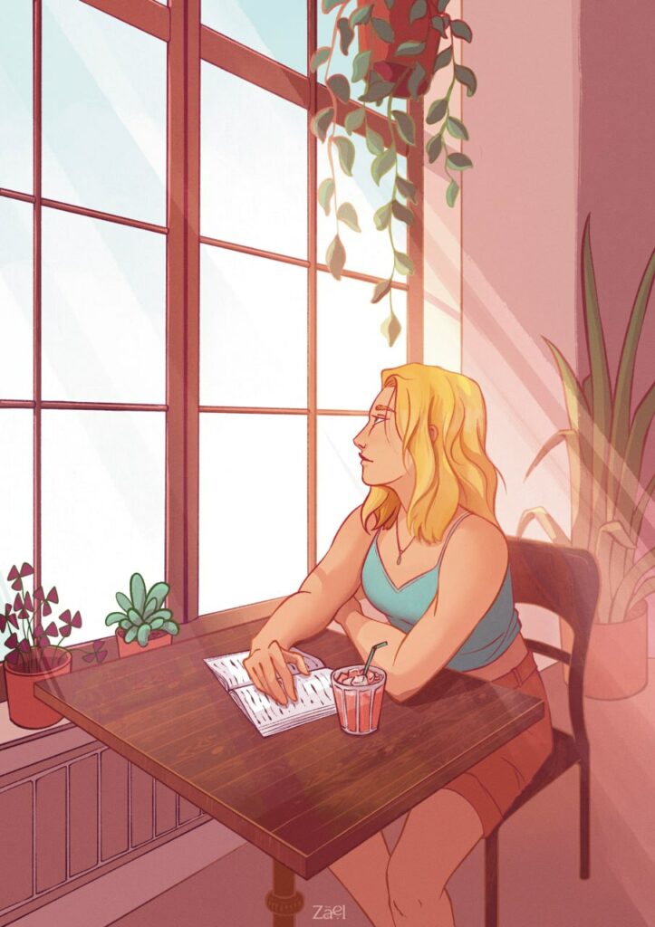 Femme assise à un café cosy, regardant au loin par la fenêtre