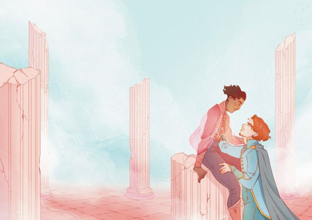 Amants gay se regardant amoureusement sur des ruines romaines